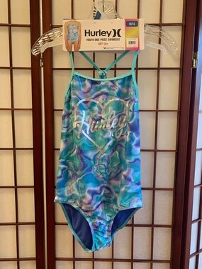 NWT Youth/Girls Hurley Blue & Teal with Silver Logo One-Piece Swimsuit SZ 10/12